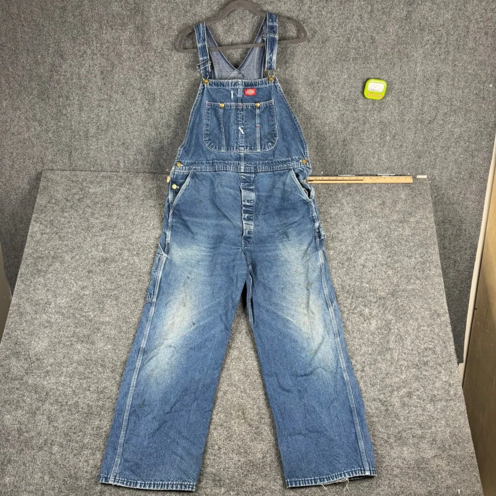 Dickies Overalls Mens Size 42 Blue Denim Workwear Straight Leg Made USA Stains